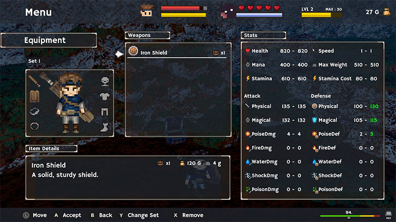 Game equipment menu displaying character model, Iron Shield item details, and stats panel with attack and defense values.