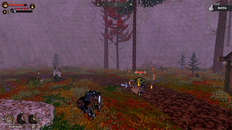 Adventurer Bob, with companion Will on his back, confronts an armored enemy with shield and sword in a misty forest.