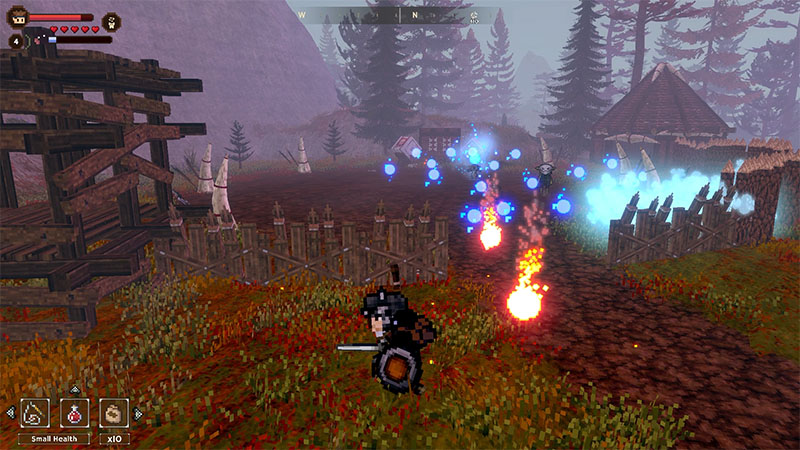 Bob takes cover behind a wooden barricade in a misty village, dodging ice and fire orbs from a mage.