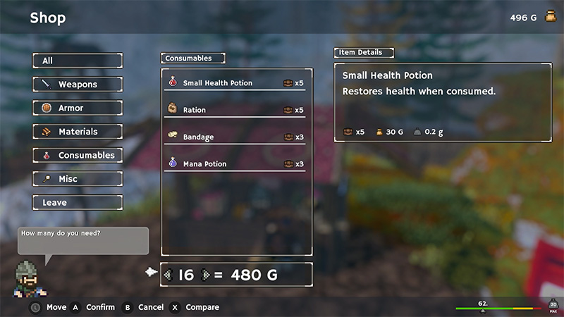 Game shop interface displaying item categories, consumables list, and Small Health Potion details with purchase quantity.