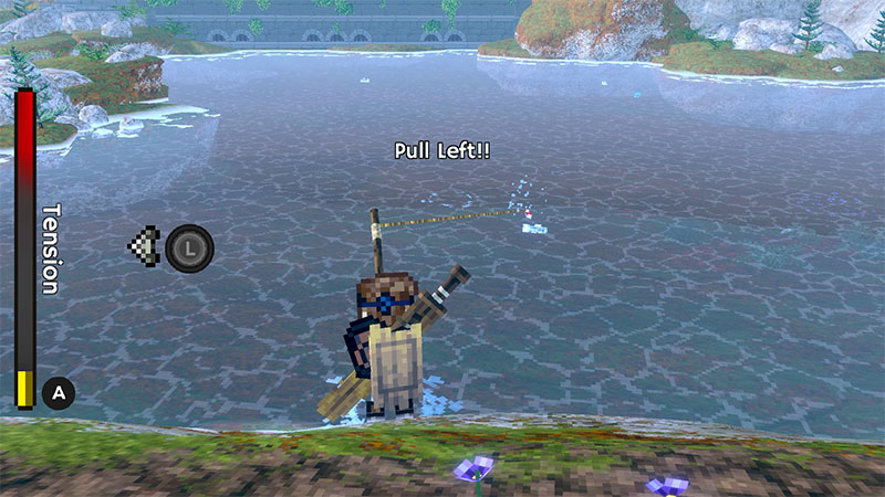 Bob fishing by the river, reeling in the line to the left as prompted.