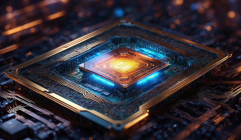 A glowing microchip with a gold center and blue lights on a circuit board.