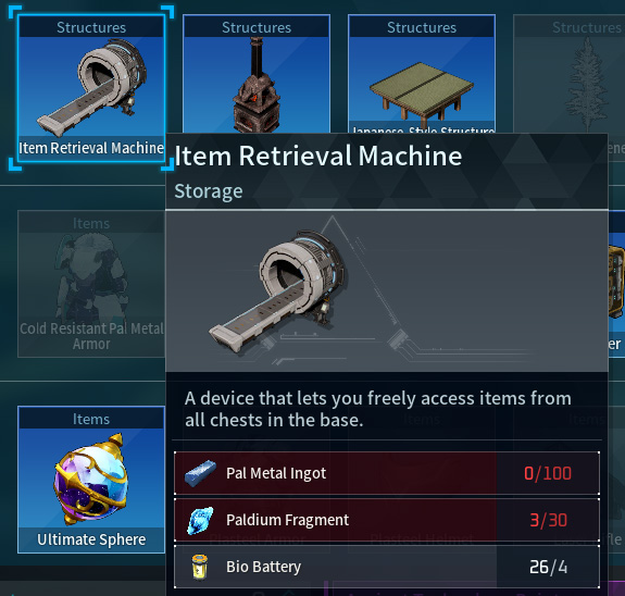 Item Retrieval Machine tech tree node: Shows device function ‘freely access items from all chests in the base’ and build requirements with progress: Pal Metal Ingot 0/100, Palladium Fragment 3/30, Bio Battery 26/4.