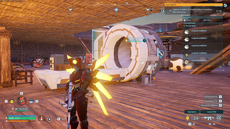 The Item Retrieval Machine a large circular white device with orange accent stripes and an open cylindrical core sits on a wooden floor inside a base; a weapon-wielding character stands in the foreground, back-facing.