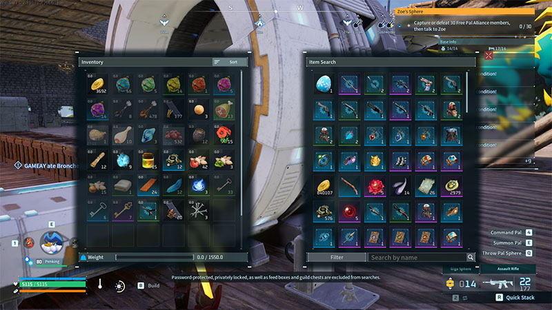 The Item Retrieval Machine’s interface: a dual-panel layout with the player’s Inventory on the left and the Item Search panel on the right, featuring a “Filter” button and a “Search by name” input field; both panels display items as colorful icon grids, enabling name-based filtering.