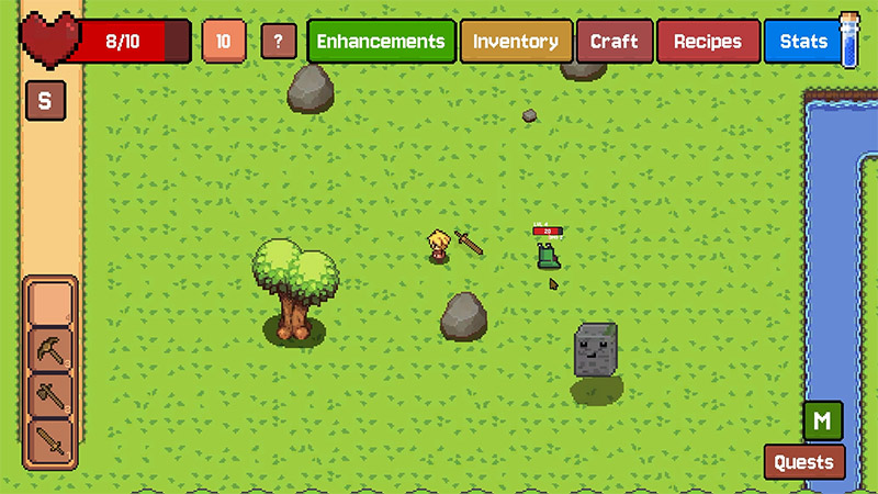 Deep in the woods of Little Stronger, players are relentlessly pursued by snails and gray block monsters—all while a floating sword orbits nearby, fending them off.
