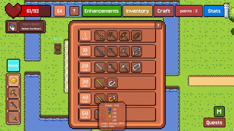 In Little Stronger, the blueprint unlock panel lists items available from levels 1 through 50 that can be unlocked using spent points, spanning three main categories: weapons, tools, and rings.