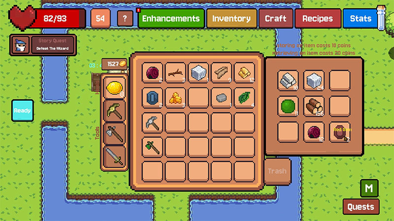A look at the inventory, equipment slots, and stash panel in Little Stronger. The inventory holds various resources and items, while the on-screen prompt for the stash indicates that depositing and withdrawing items costs gold.