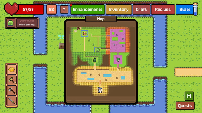 The map panel in Little Stronger clearly outlines the three distinct regions—Green, Pink, and Yellow—along with the player's current position. Each zone features its own unique resources and is guarded by its respective boss.