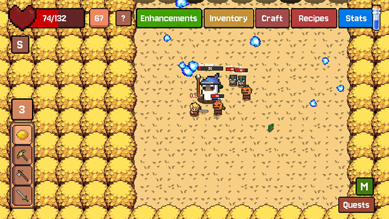 During the fight against The-Wizard in Little Stronger, the boss locks onto the player with a homing blue magic spell, while summoned pumpkin-head mobs flood the arena.