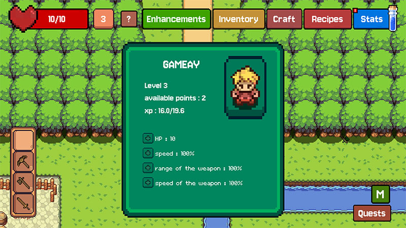 In Little Stronger, players can manually allocate stat points via the Stats panel to increase HP, Speed, Range of the weapon, and Speed of the weapon.