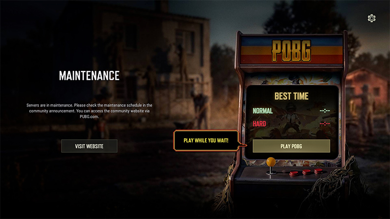 POBG arcade game entrance on the right side of PUBG maintenance screen, showing the official surprise bonus gameplay