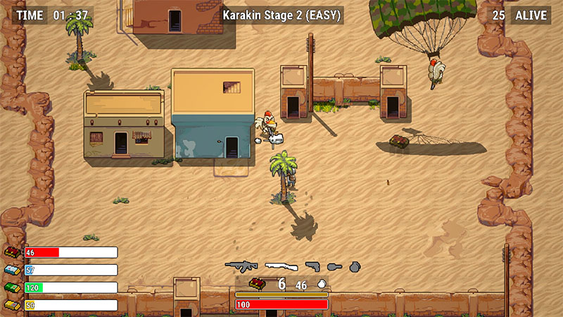 POBG protagonist stands under a palm tree; two chicken-like enemies are positioned near buildings and the parachute landing zone; background features tan buildings, sandy terrain, and reddish-brown cliffs.