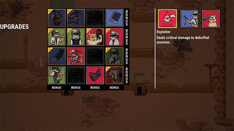 POBG passive skill selection screen: left side shows a 4×4 grid of skill icons (characters and gear), some marked “BONUS”; right side displays the selected skill “Exploiter”, illustrated by a chicken wearing goggles and holding a gun, with description: “Deals critical damage to debuffed enemies.”