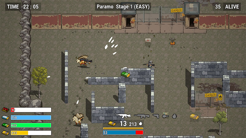 Multiple firearms (including rifles and pistols) and scattered bullets lie on the ground; characters engage in firefights behind stone barricades; background features damaged walls, “DANGER” signs, and palm trees.