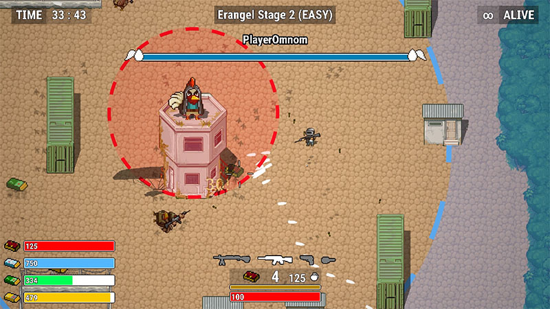 Boss “PlayerOmnom” — a chicken-like character wearing goggles and holding a gun — stands atop a pink two-story building, enclosed by a red dashed circle indicating attack range; weapons and ammo lie scattered on the ground, with enemy soldiers and shipping containers visible in the distance.