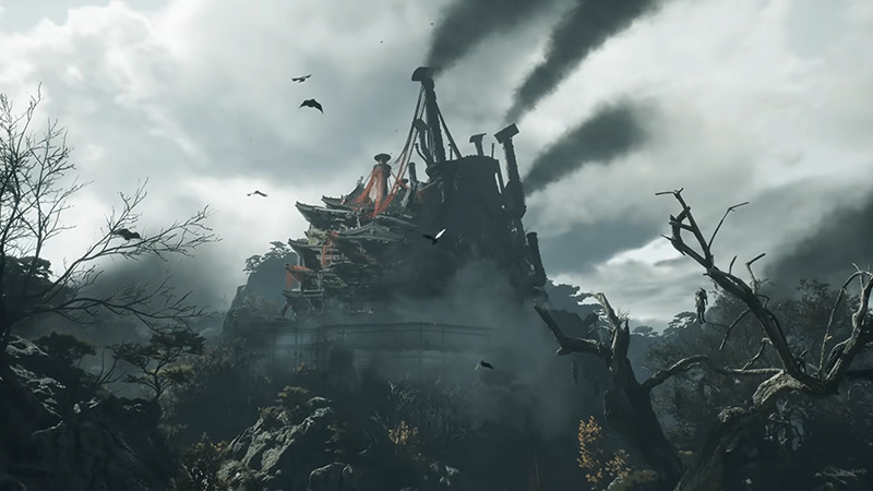 A dark, smoke-belching fortress perched atop a desolate mountain, surrounded by dead trees and circling crows under an overcast sky.