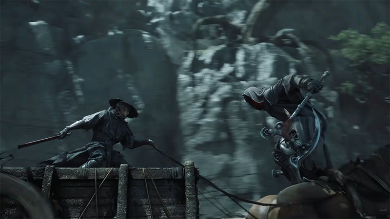 A gameplay scene from Phantom Blade Zero: A character wearing a wide-brimmed hat and wielding a long blade battles atop a wooden cart against an opponent in dark hooded armor wielding a scythe-like weapon; the background features misty, rugged cliffs, with motion blur conveying high-speed action.