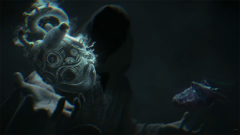 In near-total darkness, a hooded figure holds two hearts — a glowing mechanical heart with intricate gears and steam tubes in one hand, and a dark organic heart in the other, creating a sinister ritualistic atmosphere.