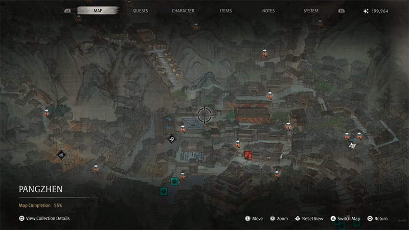 A hand-drawn Chinese ink-wash style game map in muted gray tones,
depicting a sprawling ancient town nestled among mountains.