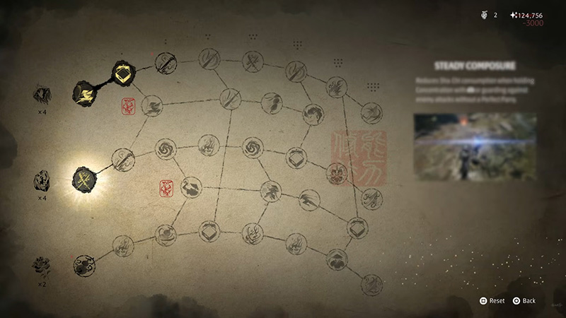 The skill tree interface features a parchment-textured background with circular nodes connected by lines—some of which are highlighted to show they are activated—while the right side displays the selected skill's name and effect description.