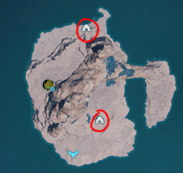 Map of Prixter Lux’s island: red circles highlight two accessible cave entrances in the north and southeast.