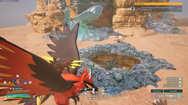 Southern cave entrance on the island (highlighted in red), near a teleport point; player rides a fiery bird-like Pal approaching the opening.