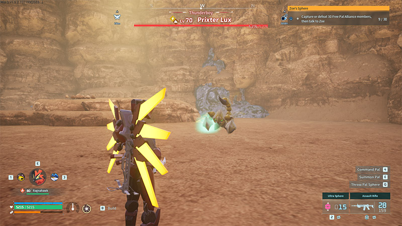 Inside the cave: player faces Lv70 boss Prixter Lux in combat; boss name and health bar visible above the glowing creature.