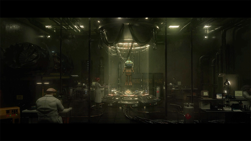 Dim lab: person in gray uniform faces console; central glass chamber holds a humanoid robot in green diving suit, suspended with overhead cables, surrounded by wires and equipment.