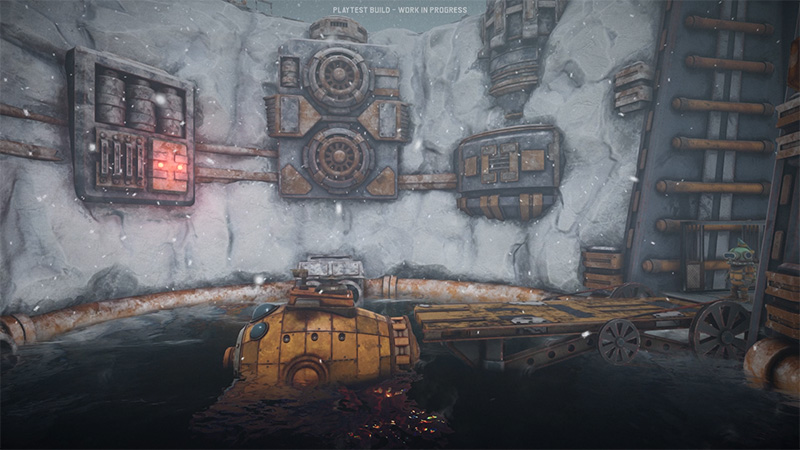 Snowy mining shaft with metal pipes on walls; yellow submarine docked on water surface left, green humanoid robot stands by elevator right.