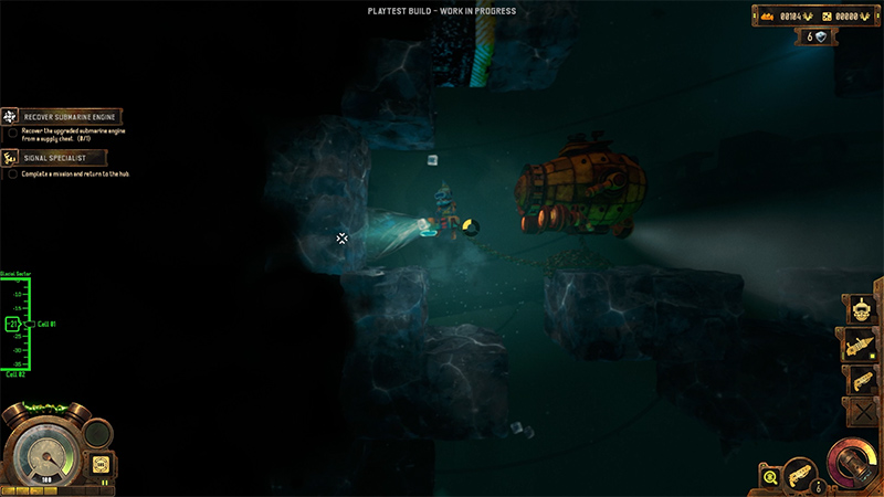 In dim deep sea, yellow submarine hovers beside ice-encrusted mineral wall; drill emits blue light while extracting crystalline ore.