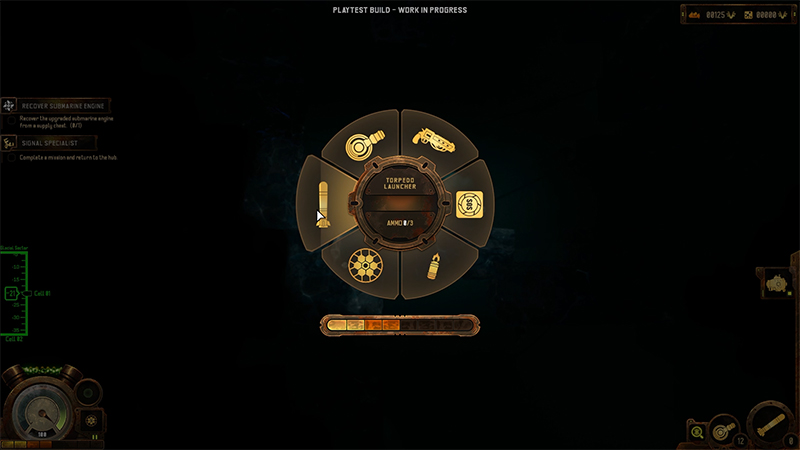 Six-way radial menu: left three slots show submarine missile, gun, shield ammo/fuel levels and restock buttons; right three for bioroid weapon, recall, jetpack fuel.