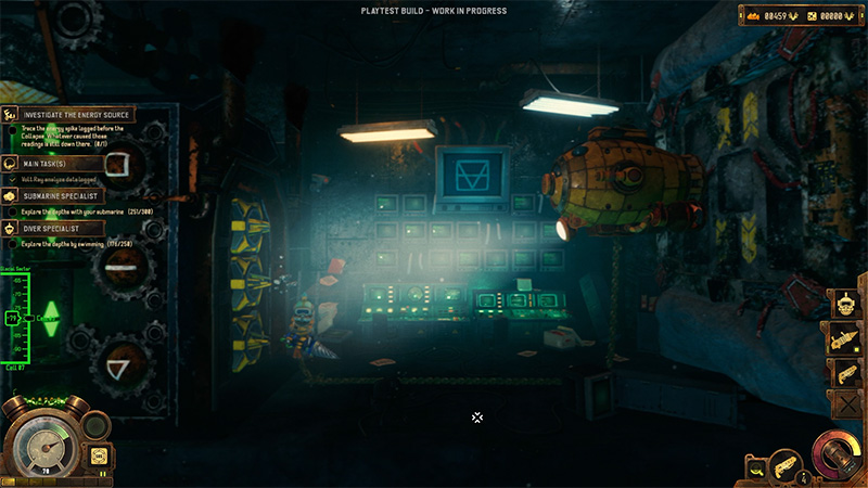 Underwater control room: left wall has three symbol-based rotary locks requiring correct pattern alignment to open the door; central console with monitors.