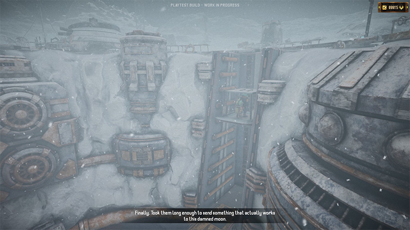 Snow-covered lunar industrial ruins; icy, rusted machinery; central cylindrical structure; open airlock with figure in green diving suit; falling snow.