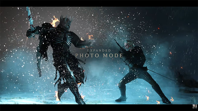 Expanded Photo Mode in The Witcher 3 Remastered: Geralt battling the Wild Hunt in snow.