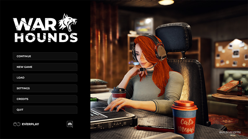 War Hounds main menu showing a red-haired woman at a computer