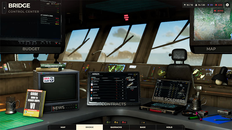 Bridge command center with multiple screens showing budget, map, contracts, news, and soldier recruitment, overlooking the sea through large windows.