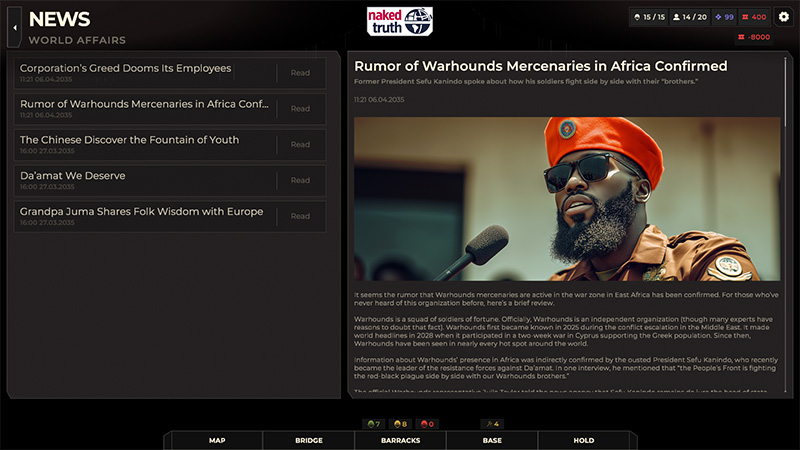 In-game news screen in War Hounds showing a world report on African mercenaries.