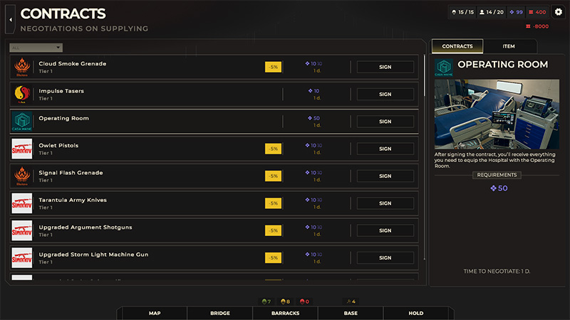 Contracts screen showing supply negotiations for weapons, grenades, and medical equipment with prices and sign buttons.