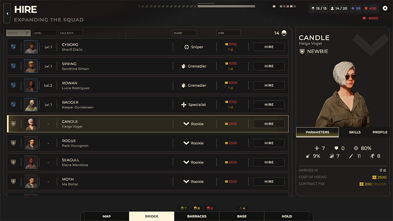 In-game soldier recruitment list in War Hounds featuring rookie candidate Candle, a white-haired woman with sunglasses.
