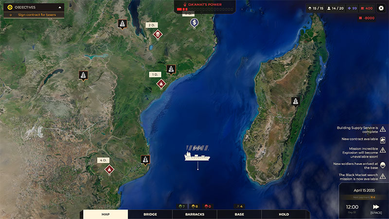 World map of the east coast of Africa displaying mission markers and an offshore base.