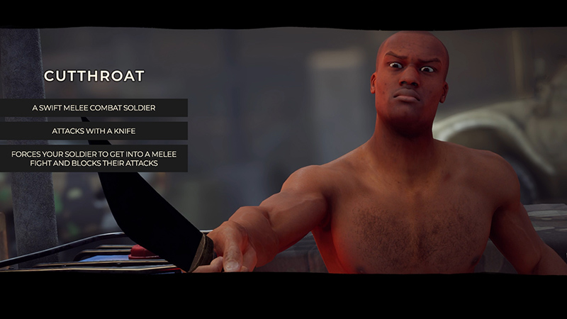 Enemy introduction screen for Cutthroat, a shirtless melee soldier holding a knife.