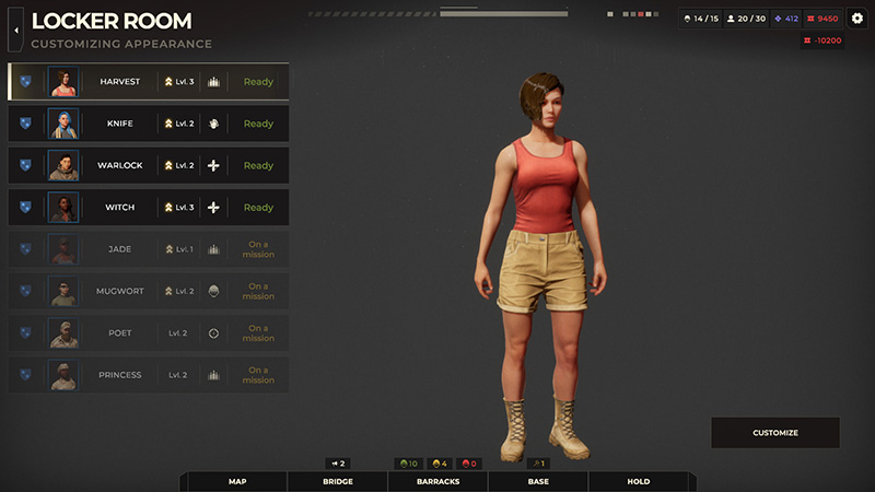 Character customization screen showing a female soldier in a red tank top and khaki shorts.
