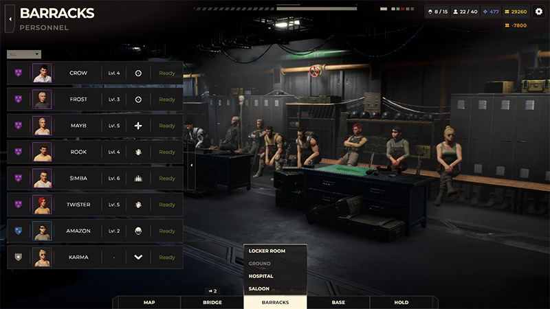 Barracks personnel list on the left, locker room scene with squad members on the right.