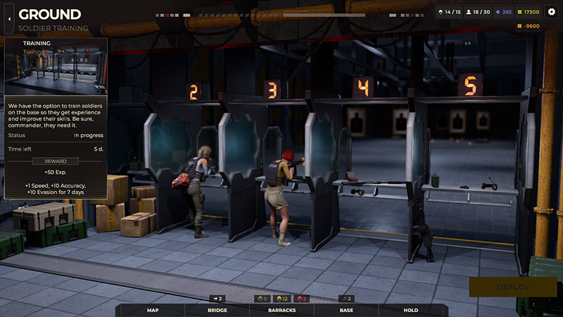 Two soldiers practicing at numbered indoor shooting stalls on the training ground.