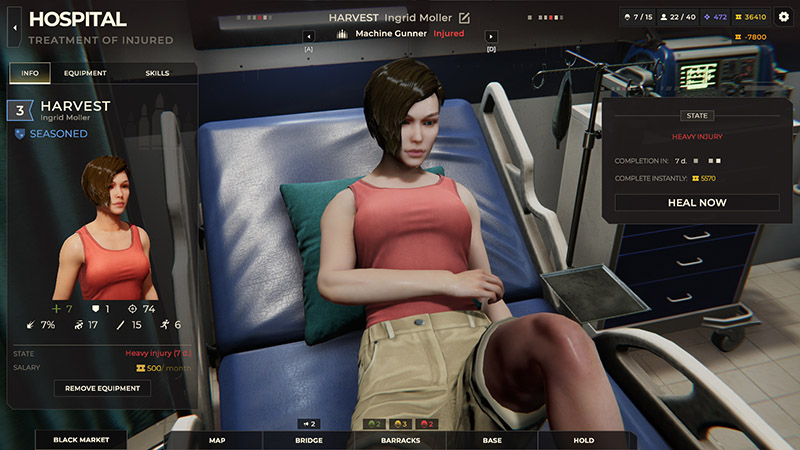 A female soldier in a red tank top lies in a hospital bed with a badly bruised knee.