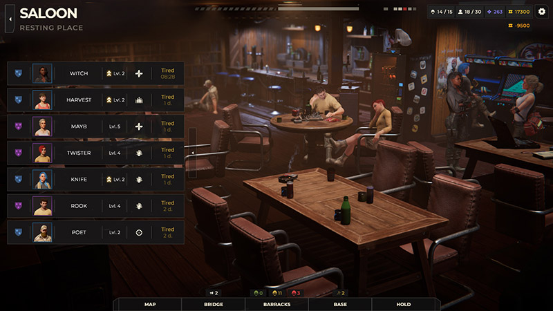 Tired soldiers relaxing in a dimly lit saloon with wooden tables, arcade machines, and a few people playing cards.