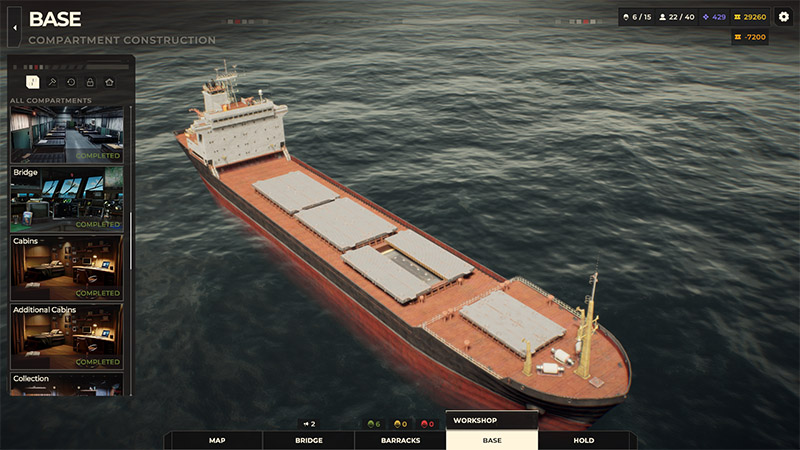 Base construction view of a cargo ship on open water, with a sidebar listing finished compartments including the bridge and cabins.