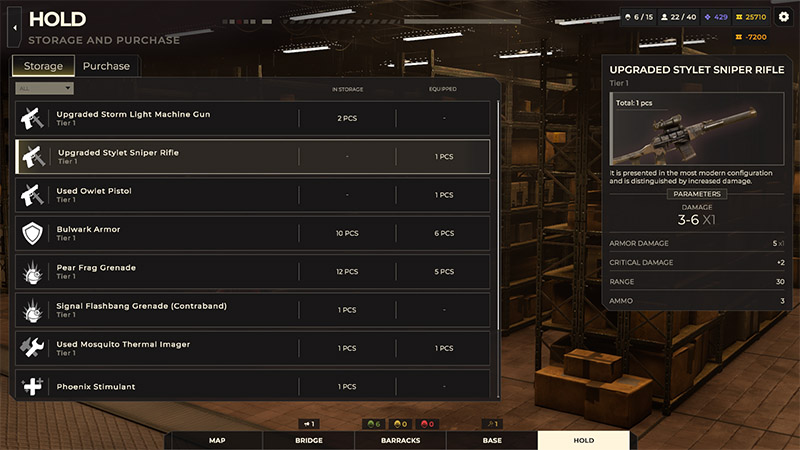 Hold storage and purchase screen showing inventory counts for weapons, armor, and grenades in a warehouse with shelves and crates.
