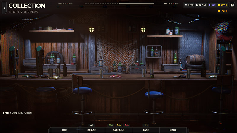 Trophy display room showing a wooden bar counter with stools, bottles, and fishing net decor on the wall.